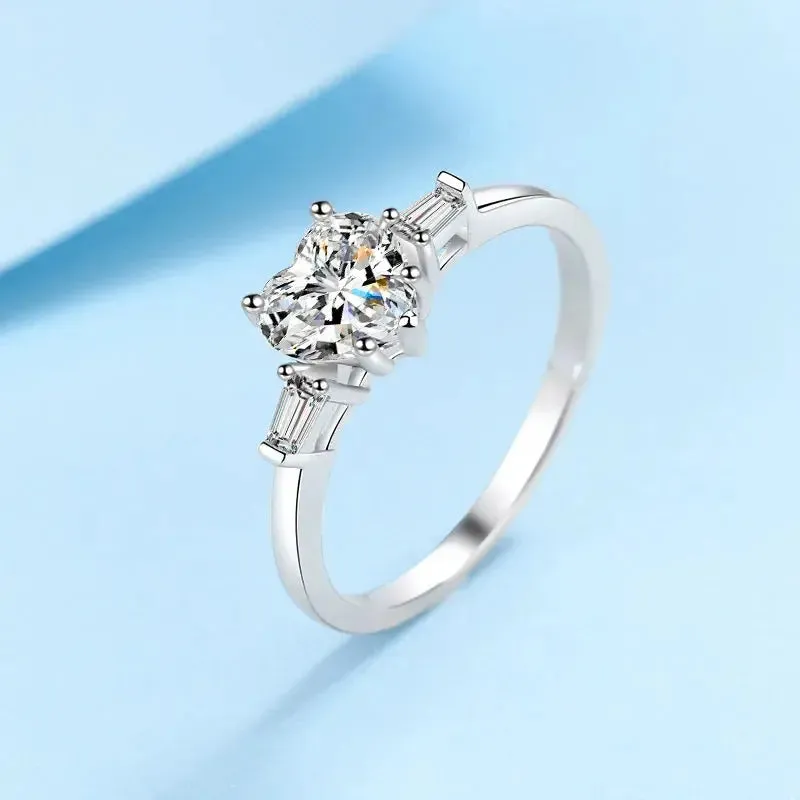 Platinum Plated Silver 3 Stone Heart Moissanite Ring 1.2ct Total