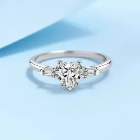 Platinum Plated Silver 3 Stone Heart Moissanite Ring 1.2ct Total