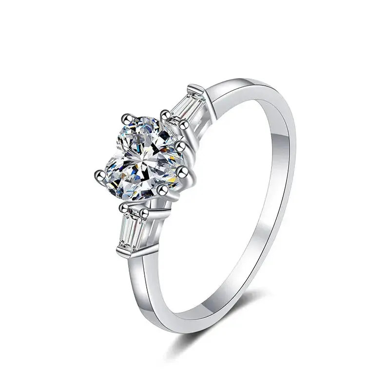 Platinum Plated Silver 3 Stone Heart Moissanite Ring 1.2ct Total