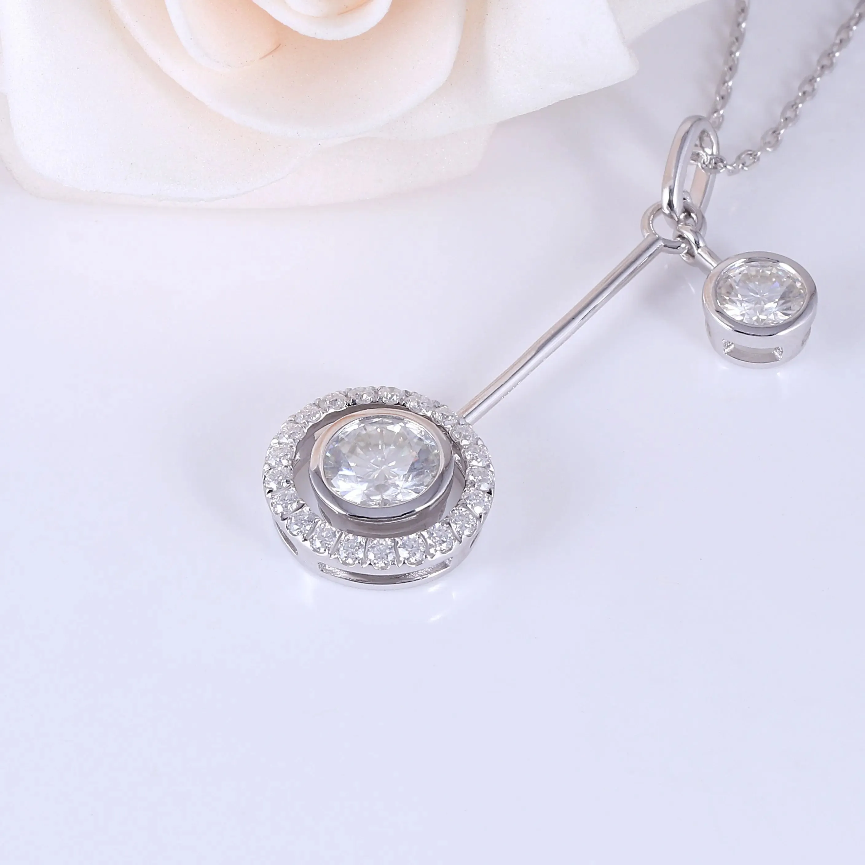 Platinum Plated Silver Moissanite Necklace 1ct Main Stone 0.5ct Secondary Stone