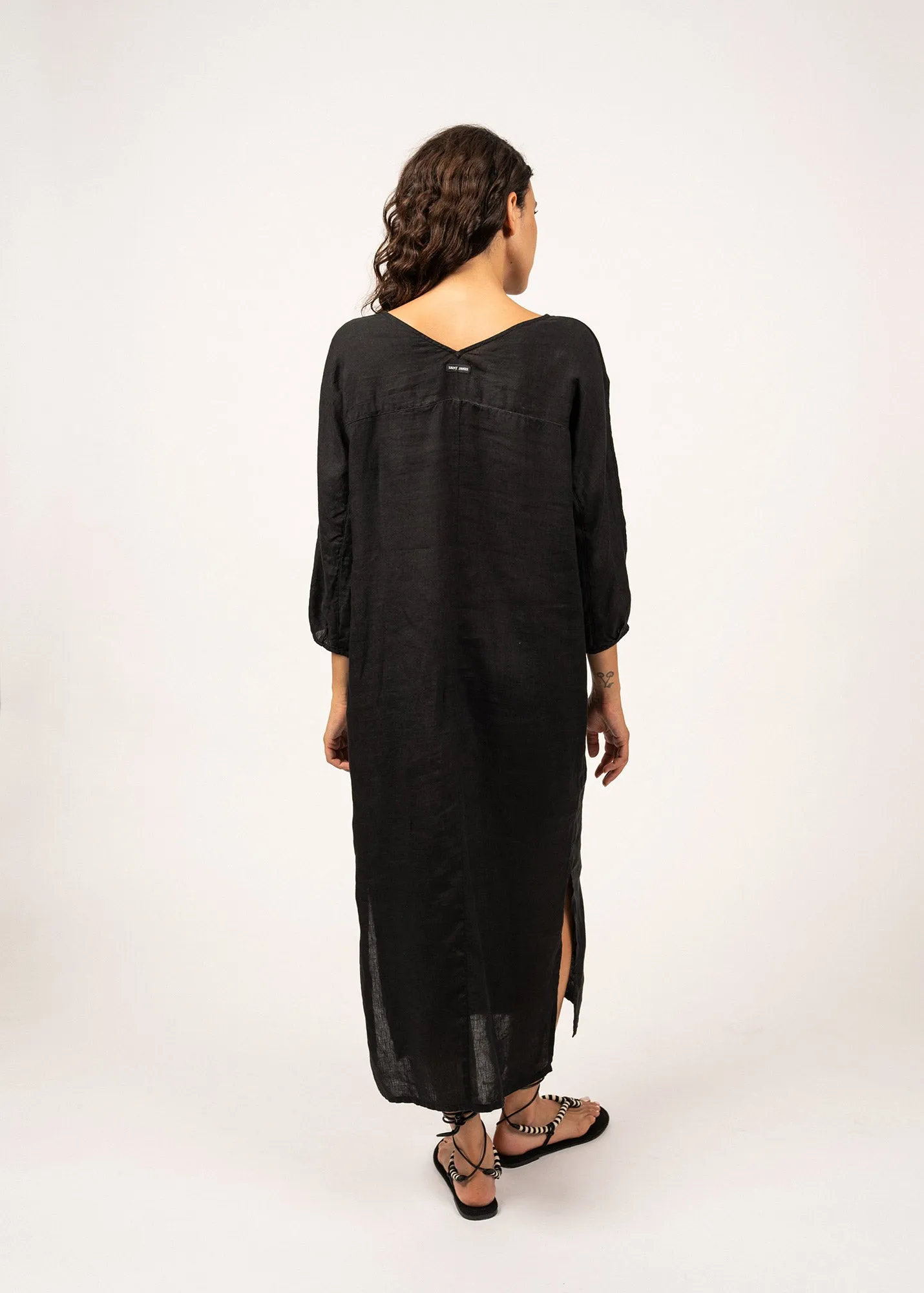 REVELYNE - Long V-Neck Linen Dress with 3/4 Sleeves (BLACK)