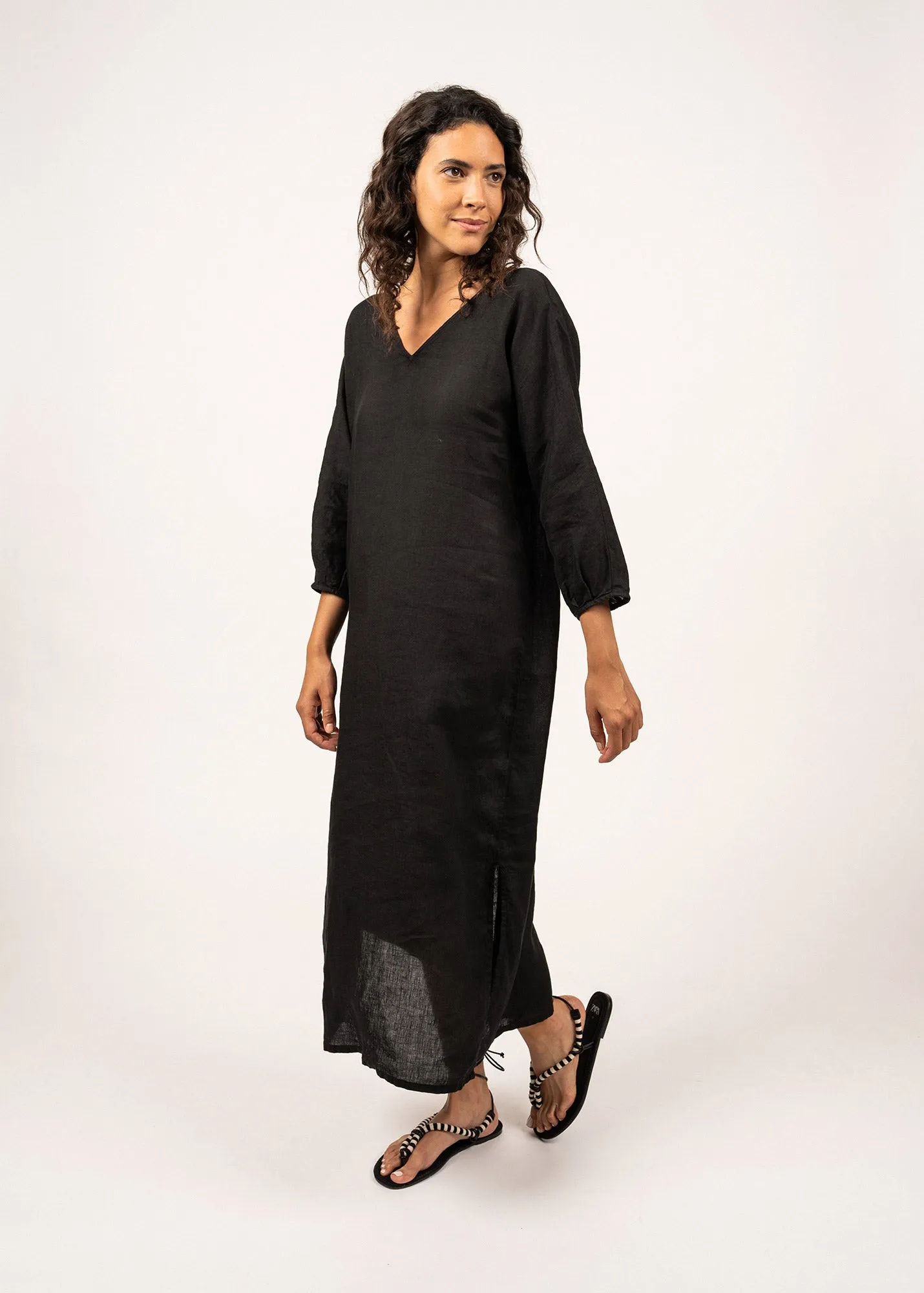 REVELYNE - Long V-Neck Linen Dress with 3/4 Sleeves (BLACK)