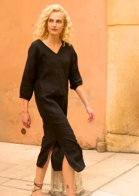 REVELYNE - Long V-Neck Linen Dress with 3/4 Sleeves (BLACK)