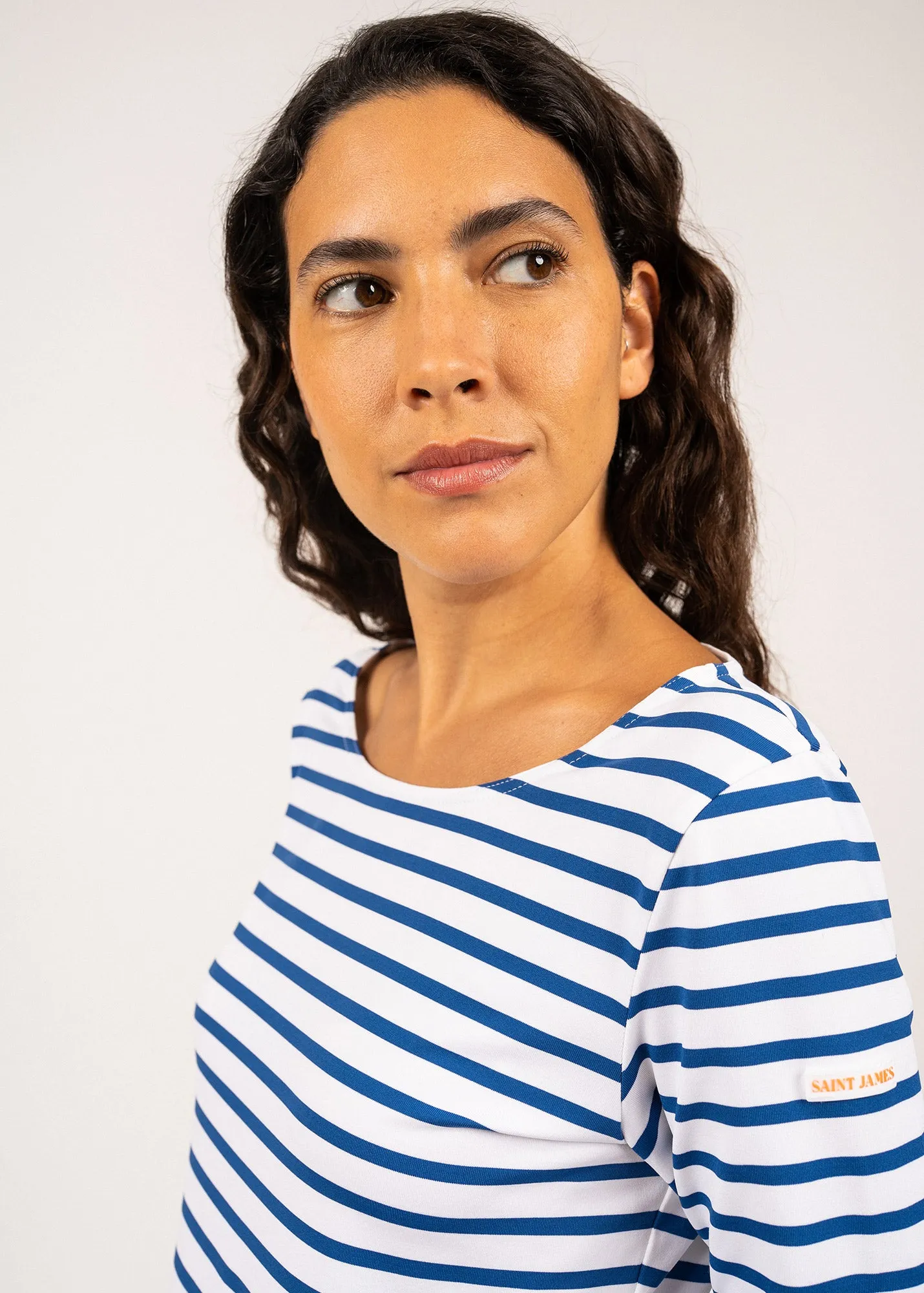 VILLERVILLE - Nautical Striped Top with Colorblock Cuffs | Anti-UV Stretch Fabric (WHITE / ROYAL BLUE / NEON ORANGE)